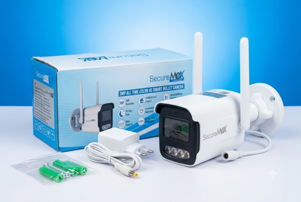 SecureMax 3MP 4G bullet camera with retail box, power adapter and mounting screws
