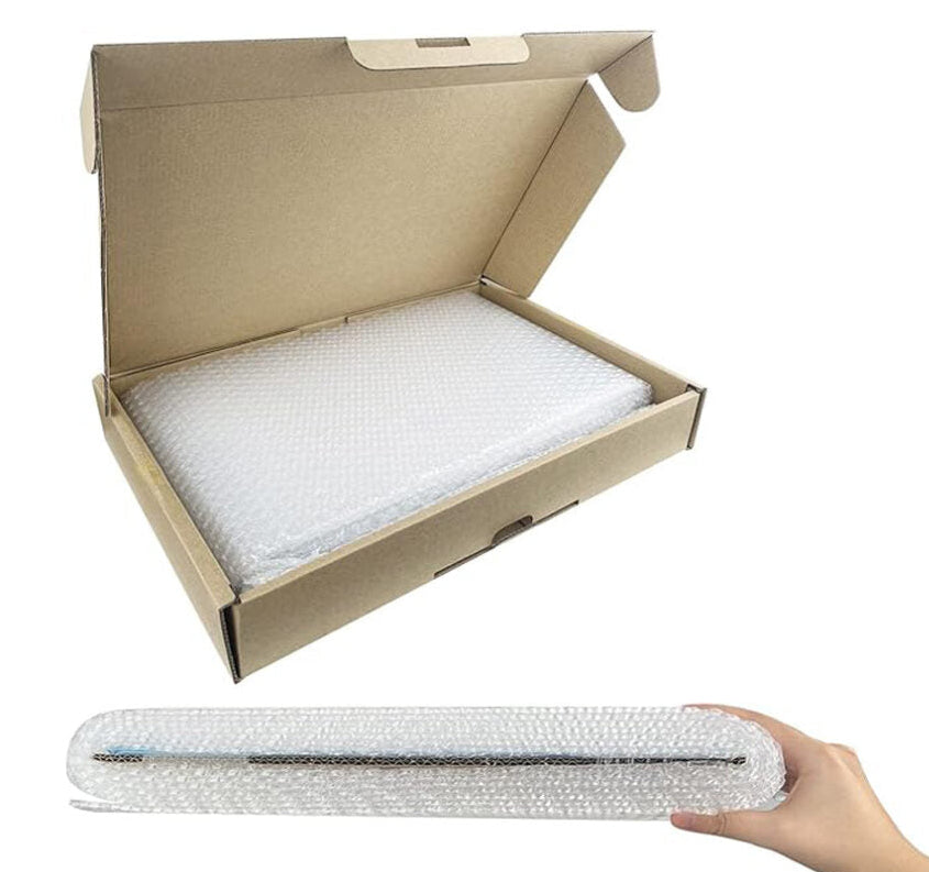 An open brown cardboard box containing a white bubble-matted item, shown above a hand holding a similar bubble-matted rectangular item. The image includes the text 'my screen' and smaller 'Powered by Life Glaffs' at the bottom.
