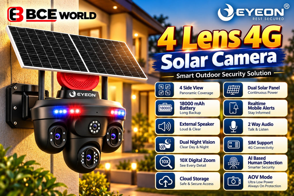 EYEON four lens 4G solar CCTV camera with dual solar panels, 18000mAh battery, human detection, digital zoom, 2-way audio and included 64GB memory card