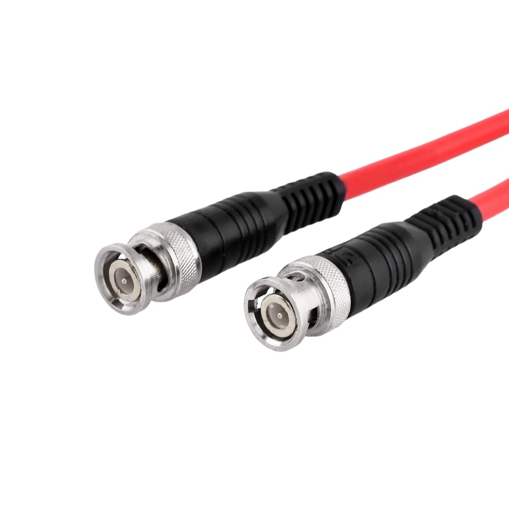 Wire-type BNC male connectors with red cable and black strain-relief sleeves