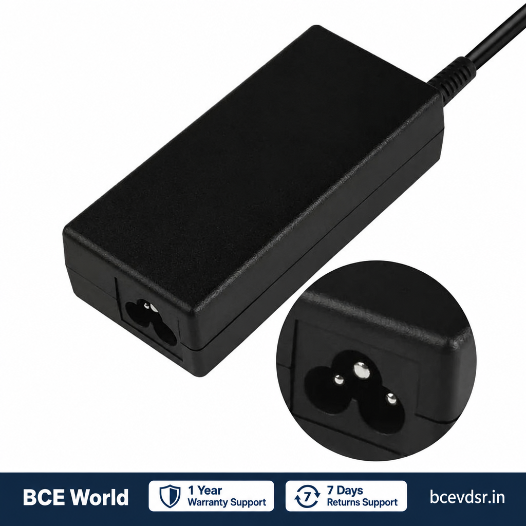 Laptop power adapter input view with BCE World warranty and returns support