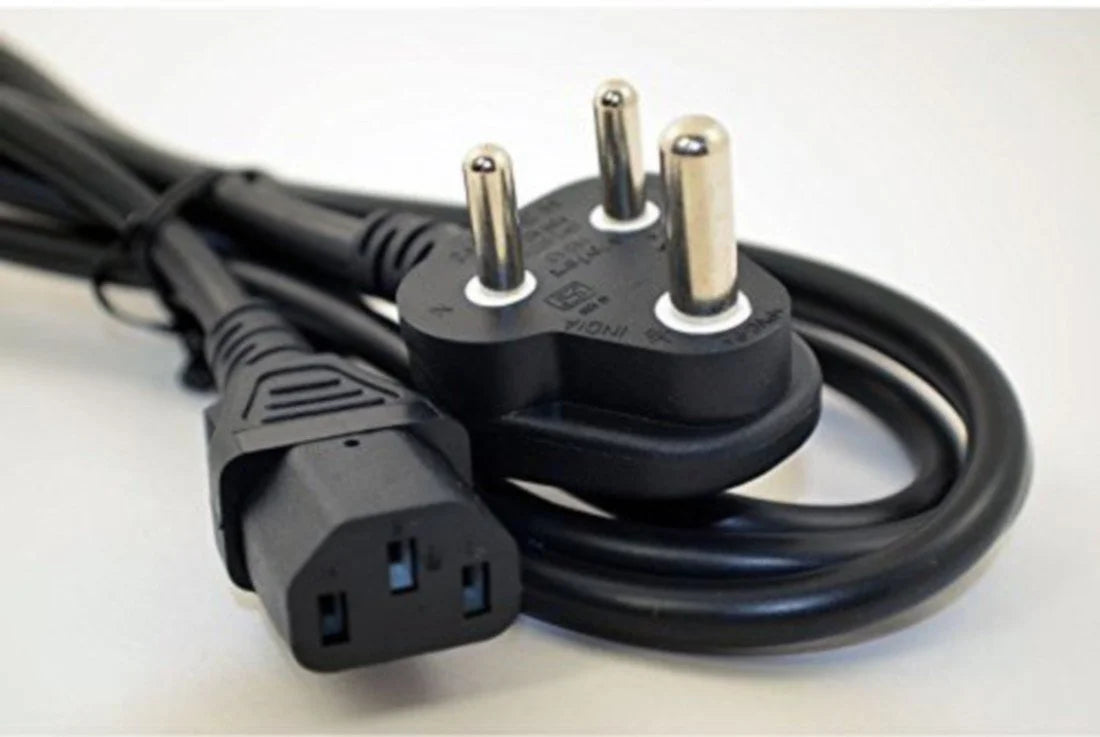 Black computer power cable with 3 pin Indian plug and IEC C13 connector